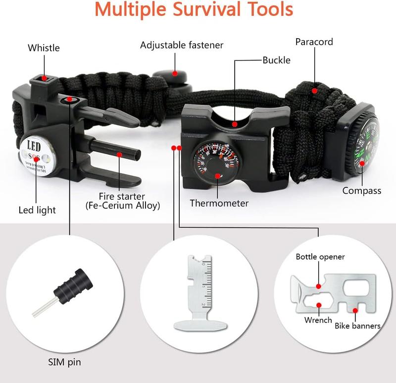 20 in 1  Paracord Bracelet Adjustable Gear Kit with SOS LED Light, Fire Starter, Bigger Compass,  Whistle,  for Camping, Hiking, Fishing