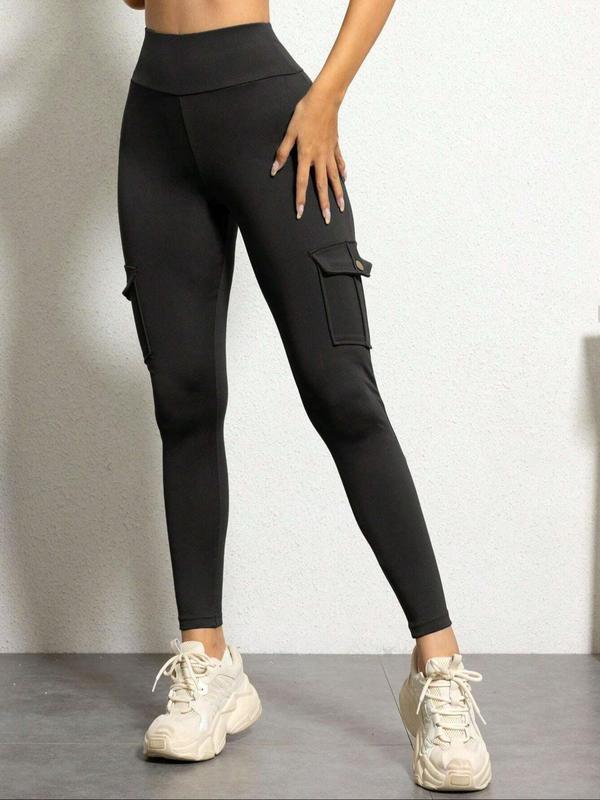 Women's Plain Pocket High Waist Sports Leggings, Casual Comfy Breathable Skinny Pants for Yoga Gym Workout Running, Ladies Sportswear for All Seasons, Women's Tight Pants, Tummy Control