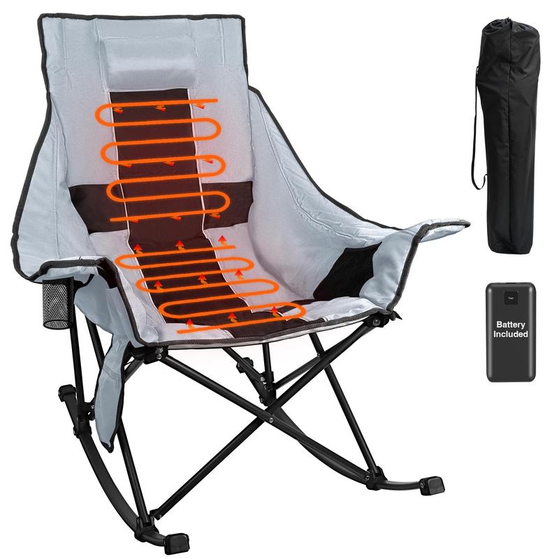 Heated Camping Rocking Chair with Power Bank - 3 Levels Heat for Back+Seat, Padded Rocking Lawn Chair with Pillow, Side Pocket, Carry Bag