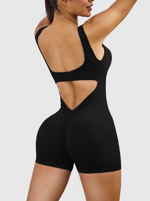 Women's Solid Cut Out Backless Ruched Sports Romper, Scoop Neck Sleeveless Bodycon Romper for Yoga Gym Workout, Ladies Sportswear for All Seasons, Tummy Control