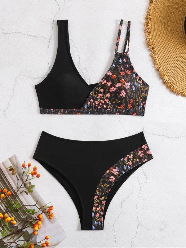 Women's Leopard Patchwork & Floar Print Bikini Set, Casual Adjustable Strap Swim Top & Swim Bottom Swimsuit, 2024 Summer Bathing Suit, Ladies Summer Swimwear