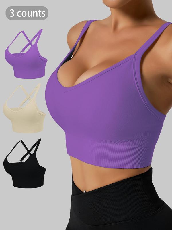 Women's Solid Backless Wireless Sports Bra,  Criss Cross Adjustable Strap Sports Bra for Workout Gym Yoga, Ladies Sportswear for Indoor Outdoor Wear