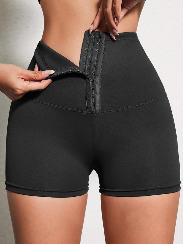 Women's Adjustable Hook & Eye Buckle Front Sports Gym Shorts, Sporty Solid High Waist Short Leggings, Gym Clothes, Ladies Sportswear for Yoga Gym, Summer Biker Shorts