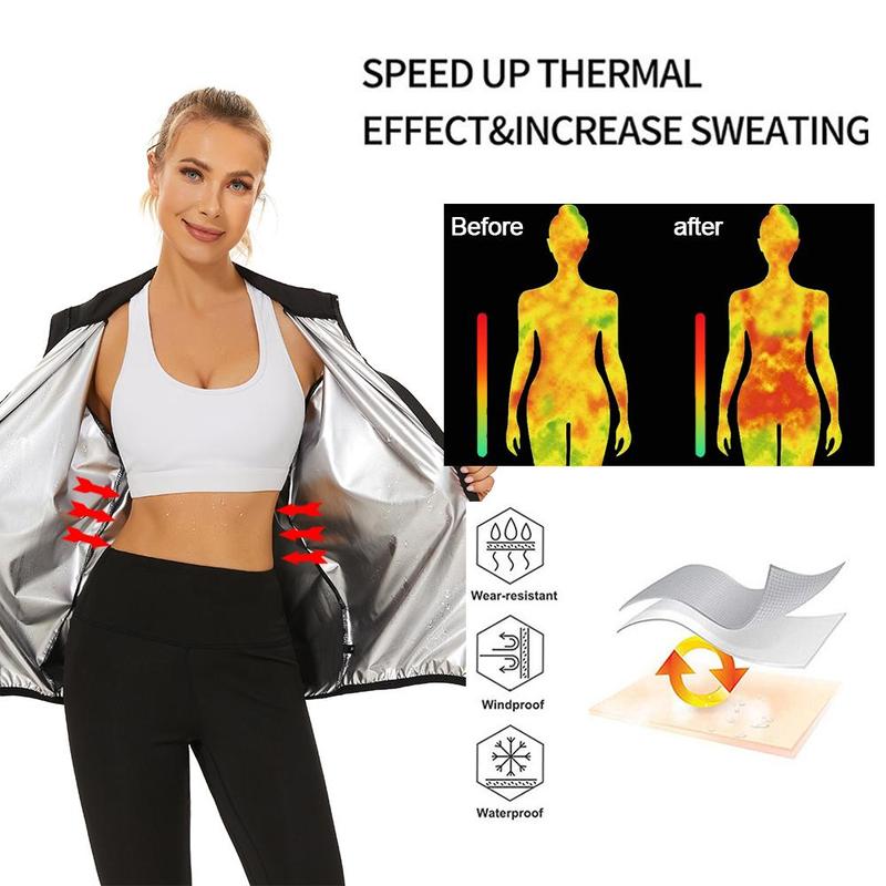 Women's Sauna Suit Designed for Maximum Heat and Sweat, featuring Reflective Silver Logo, Zippered Long Sleeves, and Pleated Details for a Secure and Comfortable Fit - Optimal for Weight Loss and Fitness Goals