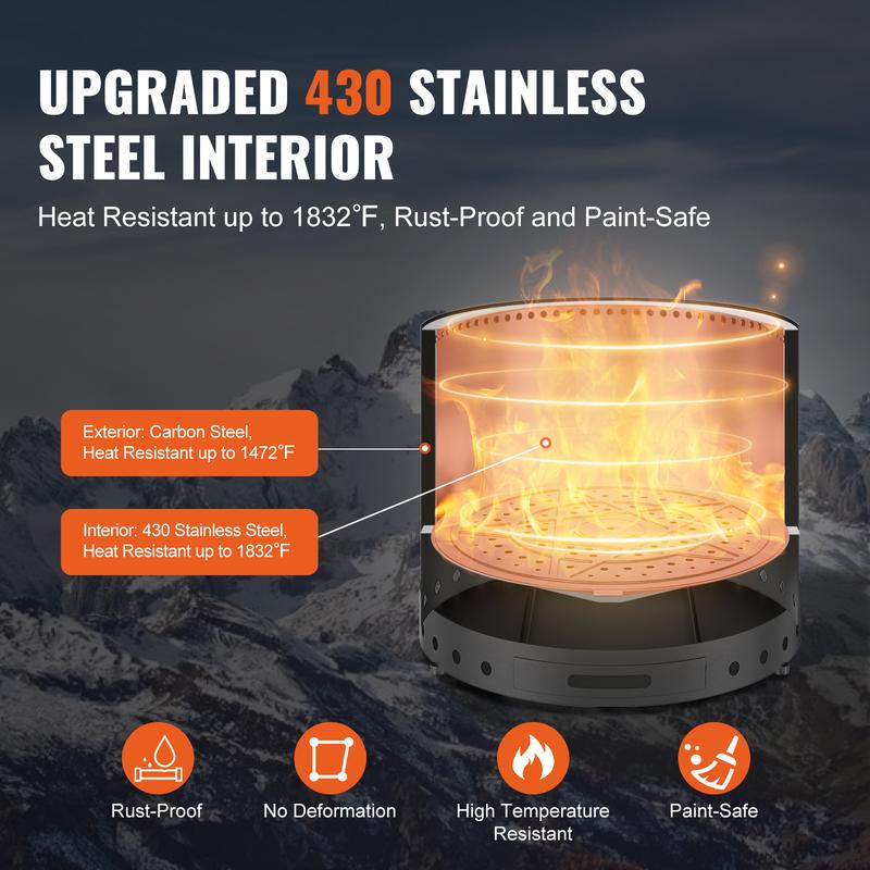 VEVOR Smokeless Fire Pit Stove Bonfire, H: 12.6 in x Dia: 15 in ,Wood Burning Fireplaces with Removable Ash Pan, SUS430 Stainless Steel inner Portable Outdoor Firepit, Ideal for Outdoor Patio Camping