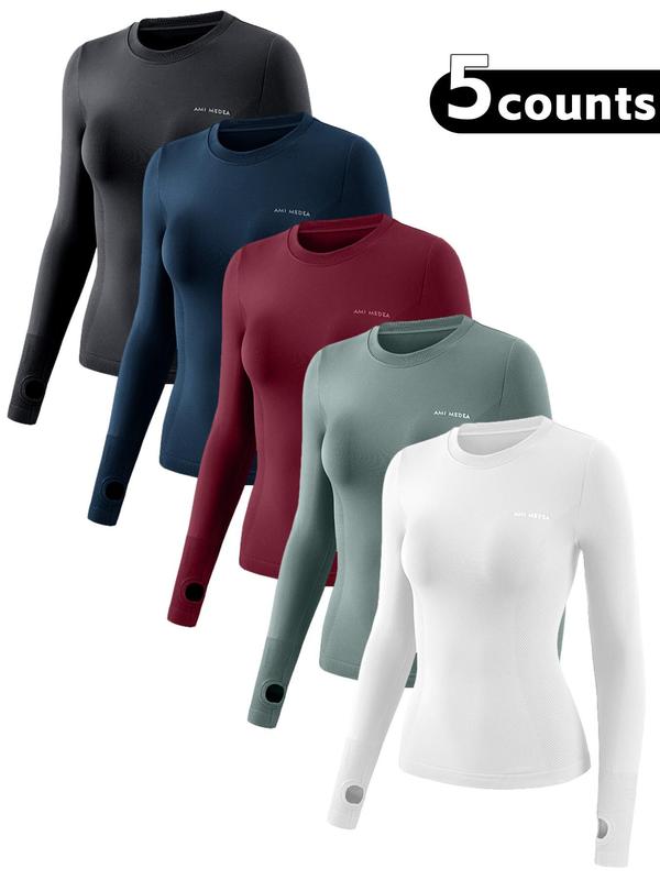 Women's Long Sleeve Baselayer Top, Thumb Hole Design Quick Drying Breathable Comfortable Sports Top for Yoga Gym Workout Running, Ladies Sportswear for Fall & Winter