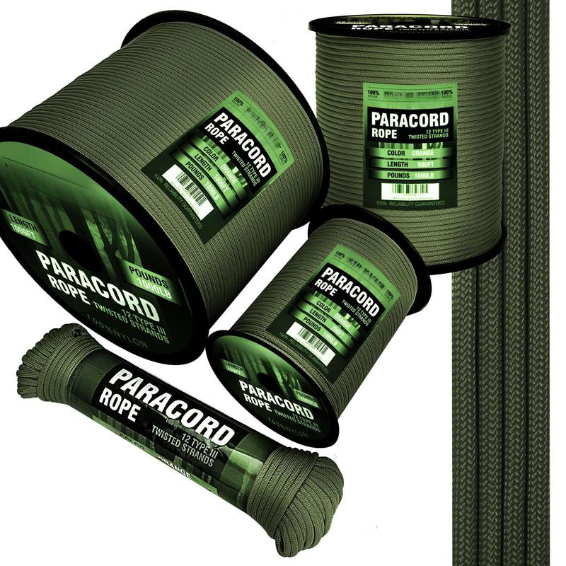 1000Ib Paracord - 50ft   100ft   200ft   4mm, 12 Strand Parachute Spool Cord for Camping, Hammocks, Clothesline, Hiking, Fishing, etc.