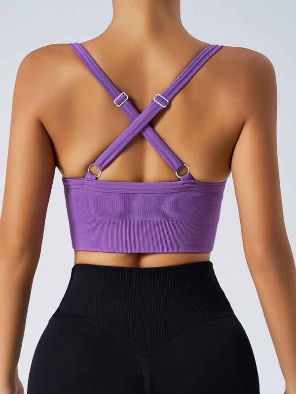 Women's Solid Backless Wireless Sports Bra,  Criss Cross Adjustable Strap Sports Bra for Workout Gym Yoga, Ladies Sportswear for Indoor Outdoor Wear