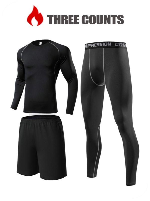 Men's Long Sleeve Compression Top & Leggings & Sports Shorts Three-Piece Set, Breathable Quick Drying Compression Top & Leggings & Sports Shorts, Men's Sportswear Set for Running Basketball Cycling