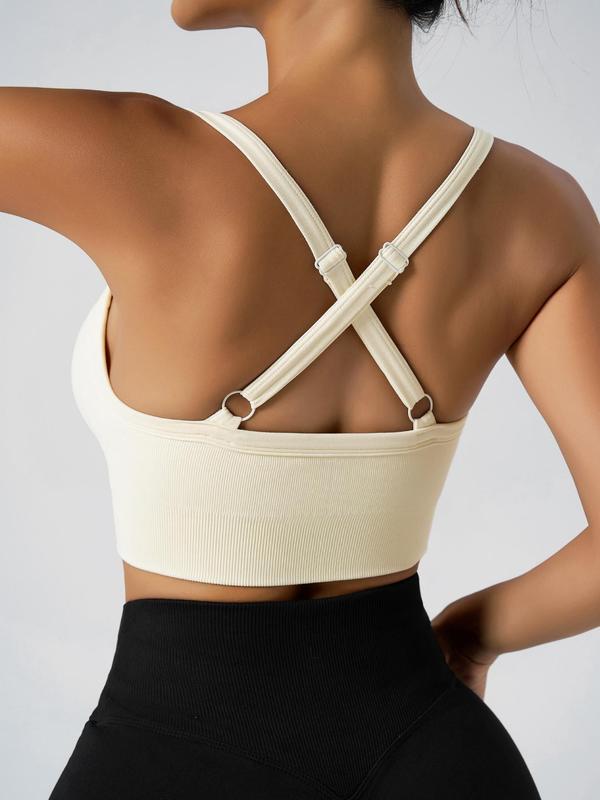 Women's Solid Backless Wireless Sports Bra,  Criss Cross Adjustable Strap Sports Bra for Workout Gym Yoga, Ladies Sportswear for Indoor Outdoor Wear