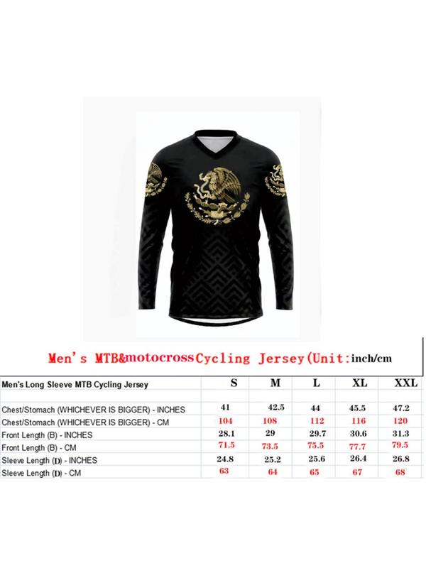 Men's Eagle & Geometric Print Long Sleeve Cycling Top, Regular Fit Sporty Breathable Comfortable V Neck Top for Outdoor Cycling, Fashion Men's Sportswear for All Seasons, Fall Clothes, Fall Tops