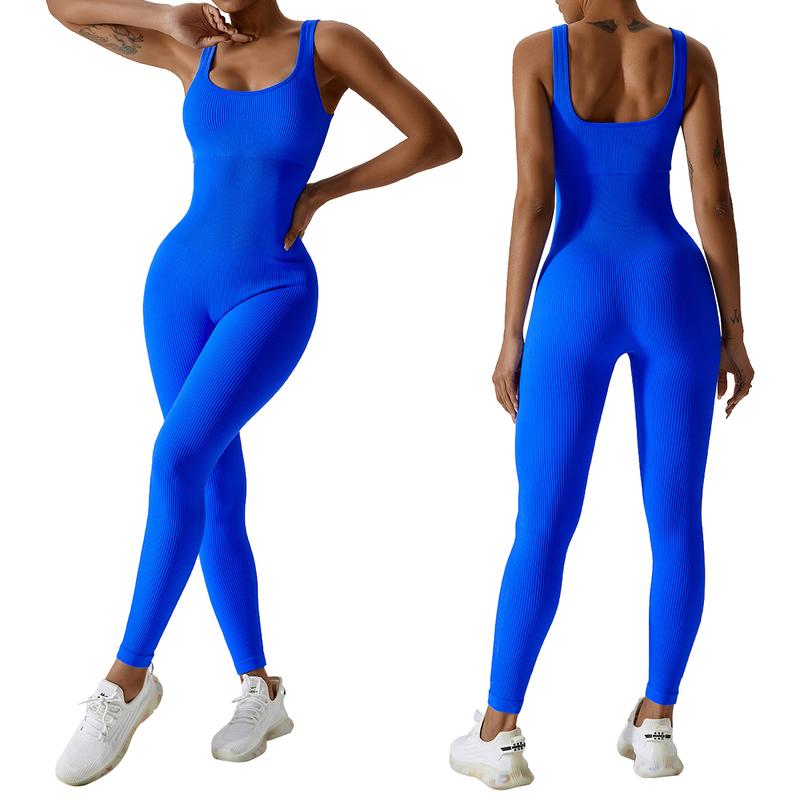 Women's Seamless Ribbed Square Neck Jumpsuit - One Piece Sleeveless Romper for Yoga, Workout, and Sexy Tank Top