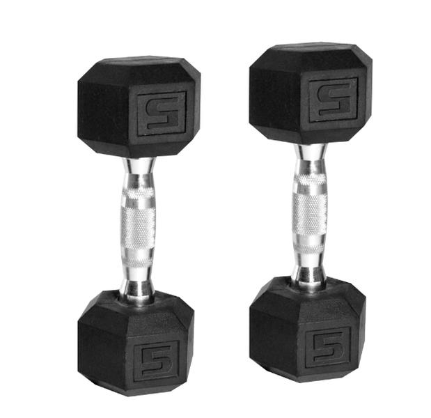 Barbell, 5lb Coated Rubber Hex Dumbbell, Pair