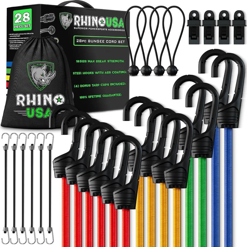 Bungee Cords with Hooks - Heavy Duty Outdoor 28pc Assortment with 4 Free Tarp Clips