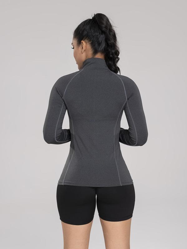 Women's Solid Zip Up Mock Neck Sports Crop, Breathable Long Sleeve Zip Front Sports Top for Yoga Gym Workout, Ladies Sportswear Clothing for Indoor Outdoor Wear