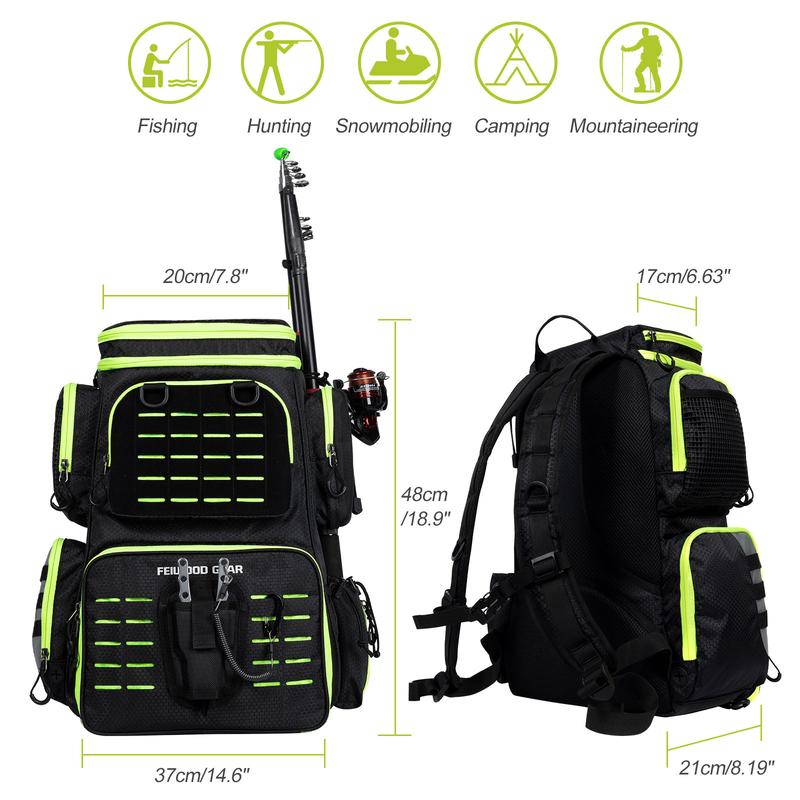 Fishing Tackle Backpack with Rod Holder & 4 Tackle Boxes, Large Waterproof Fishing Bag with Rain Cover for Fishing Gear Storage, Ideal Fishing Gifts