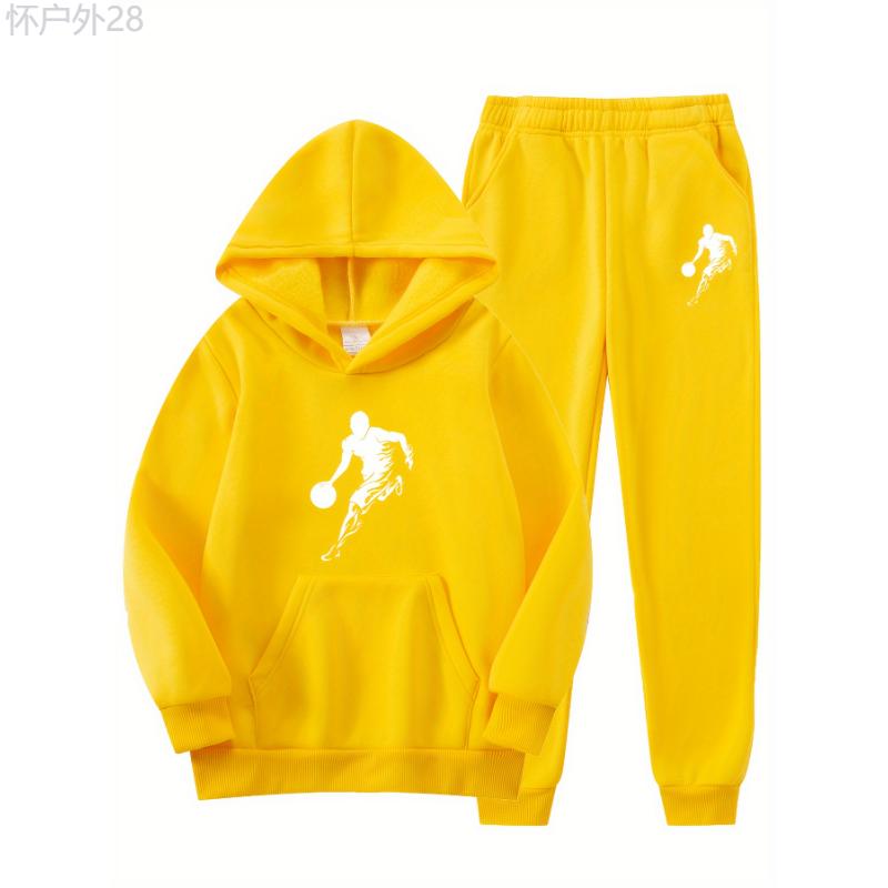 2pcs Boy's Basketball Player Print Hooded Outfit, Hoodie & Pants Set, Boys Clothes For Daily & Outdoor Wear, As Gift