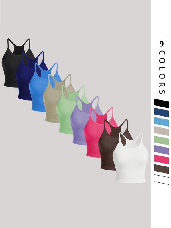 Sporty Women's Solid Color Ribbed Crop Sports Vest, Sport Breathable Comfortable Crop Cami Top for Yoga Gym Workout, Ladies Sportswear for All Seasons