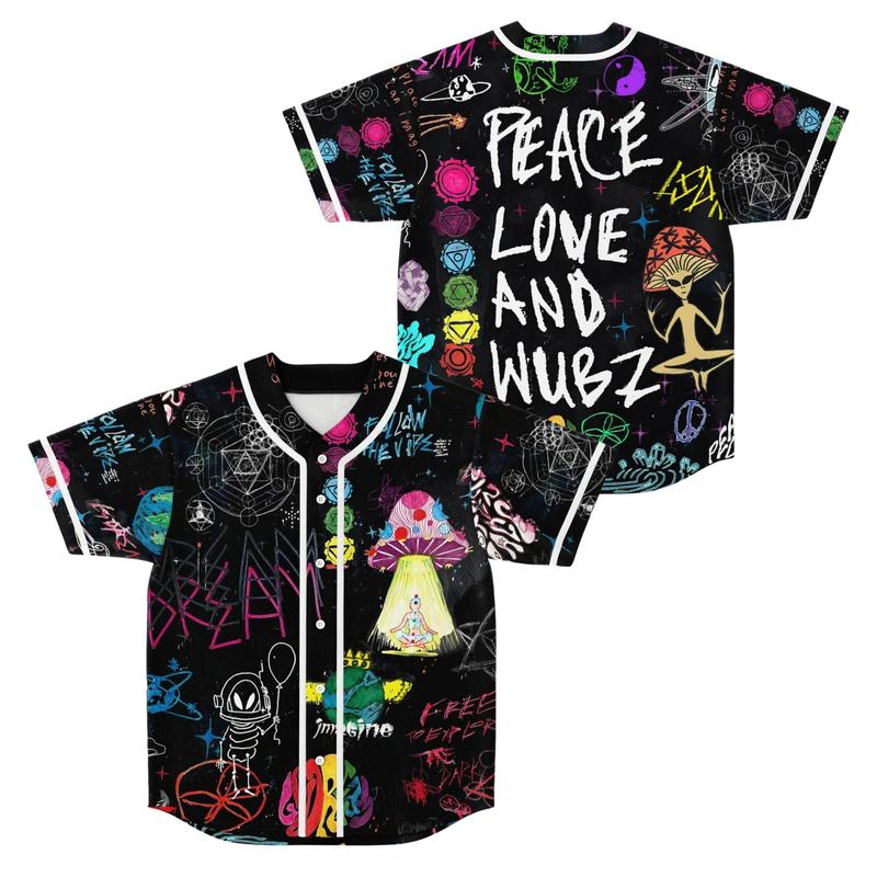 DJ LSDream Mushroom Rave Baseball Jersey, EDM Festivals 2024 Thin Button Down Shirt, Peace Love And Wubz Outfit Ideas For Rave Lovers, Game Day Outfits, Gift For Fan