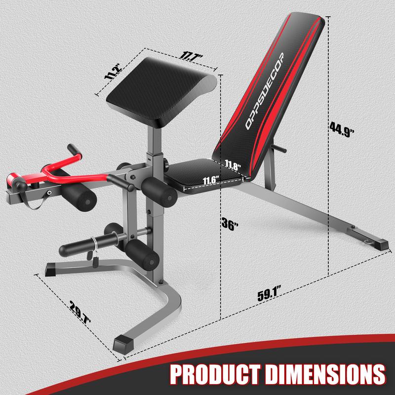 OPPSDECOR Olympic 900LBS Adjustable Weight Bench Press with Leg Extension and Preacher Curl Pad for Home Gym（Barbell and weights not included）