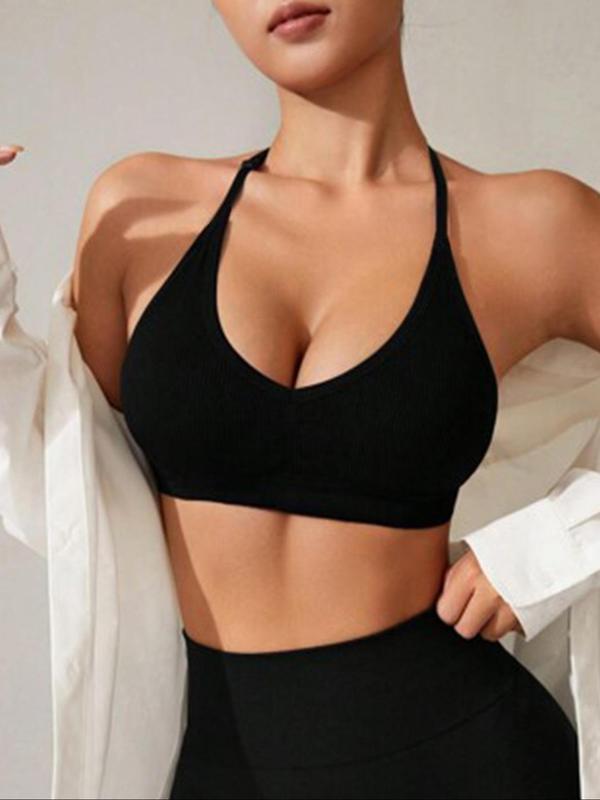 Women's Solid Wireless Ribbed Sports Bra, Breathable Comfortable Adjustable Strap Bra, Ladies Sportswear for Indoor Outdoor Wear, Gym Clothes