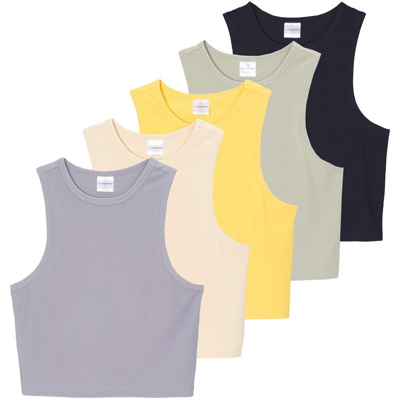 Real Essentials 5 Pack: Women's Ribbed Sleeveless Cropped Racerback Tank Top Casual Crop Top