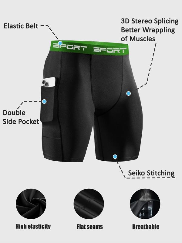 Men's Solid Compression Pocket Sports Shorts, 1 Count Quick Drying Breathable Shorts, Tight-fitting Sports Bottoms for Gym Workout Running Cycling