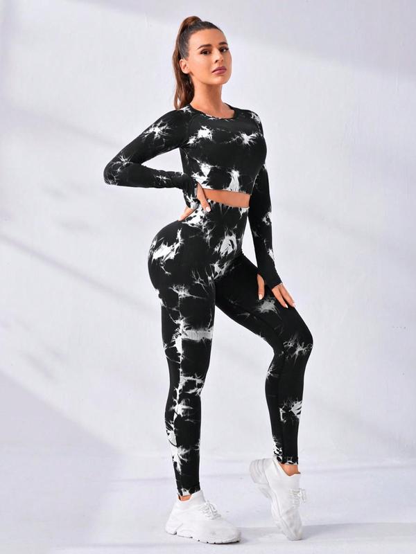 Two-Piece Set Women's Tie Dye Print Tight-fitting Tracksuit Set, Round Neck Raglan Sleeve Tee & High Waist Leggings, Ladies Sportswear for Indoor Outdoor Wear