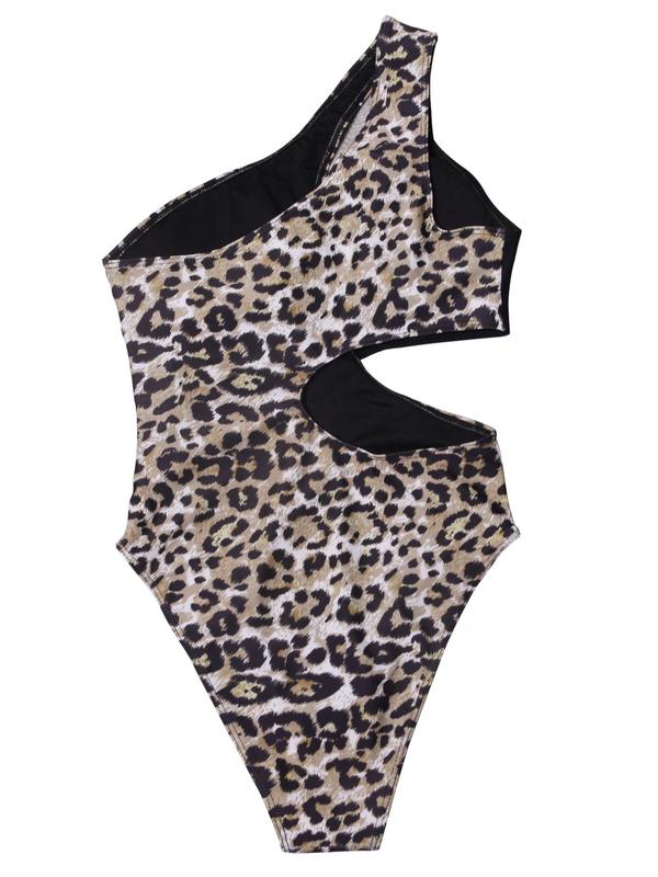 Women's Leopard Patchwork Print Cut Out Swimsuit, Casual One Shoulder One-Piece Swimwear, Ladies Summer Swimsuit for Beach Holiday