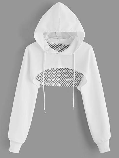 Sports Fishnet Long Sleeve Drawstring High Low Workout Hoodie Crop Tops