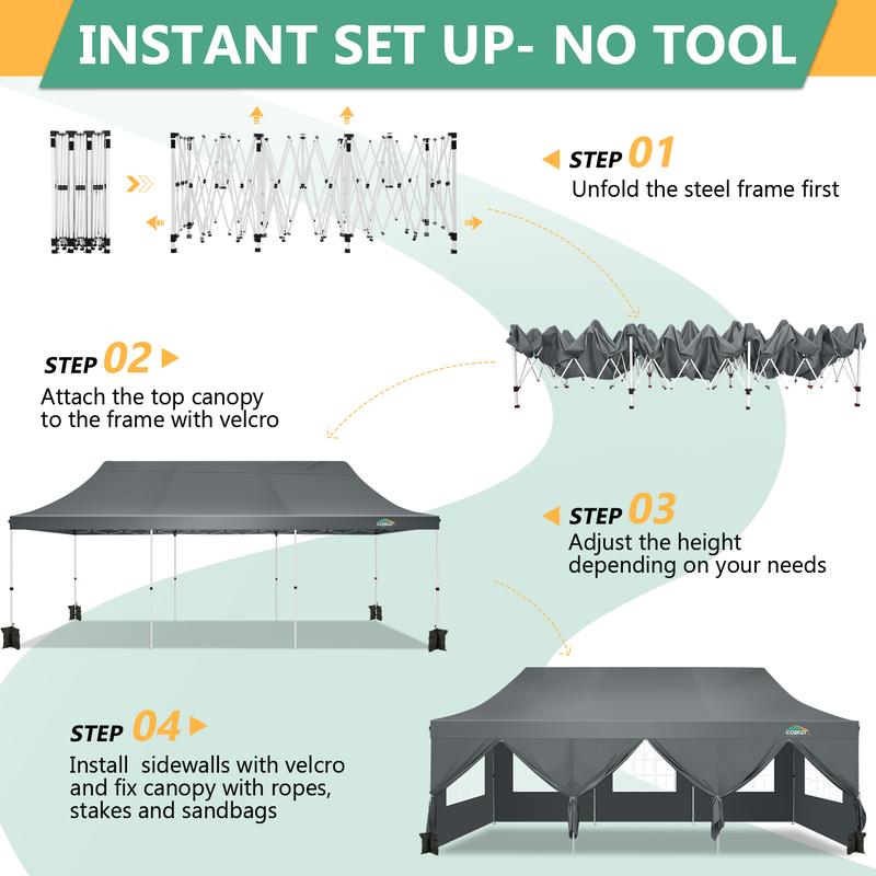 COBIZI 10x30 Pop Up Canopy Tent with 8 Removable Sidewalls Ez Pop Up Party Tent, Waterproof Instant Shelter UPF50+