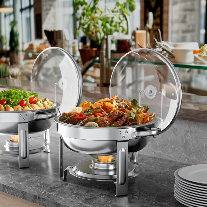 4-Pack 5QT Stainless Steel Chafing Dish Buffet Set with Glass Lids and Lid Holders - Buffet Warmers for Events, Weddings, Camping, and Dinners