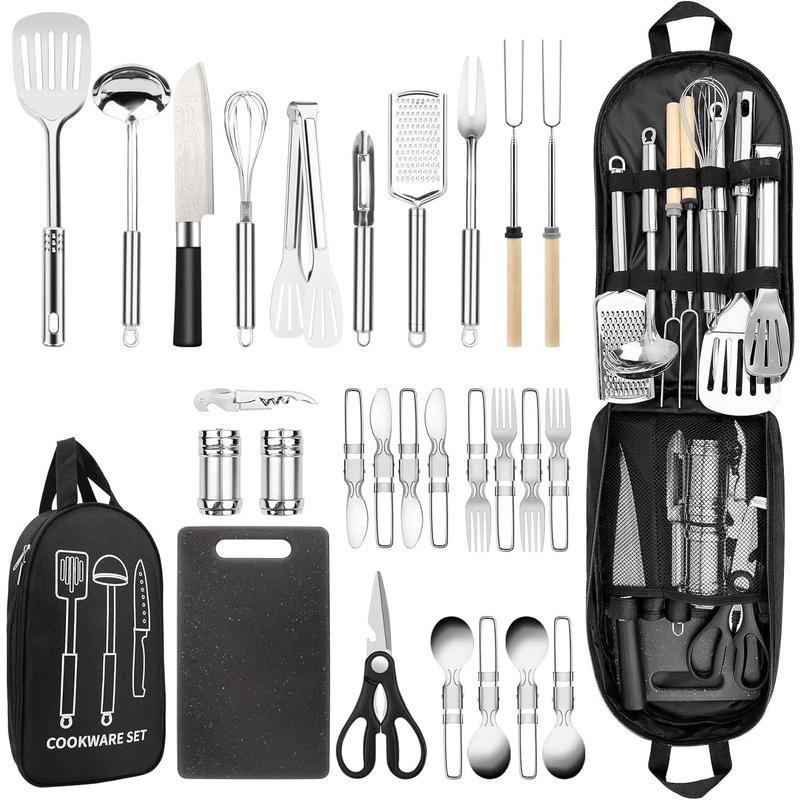 Camping Cooking Utensils Set, Stainless Steel Grill Tools, Camping BBQ Cookware Gear and Equipment for Travel Tenting RV Van Picnic Portable Kitchen Essentials Accessories - Black-28 PCS