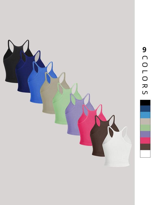 Sporty Women's Solid Color Ribbed Crop Sports Vest, Sport Breathable Comfortable Crop Cami Top for Yoga Gym Workout, Ladies Sportswear for All Seasons