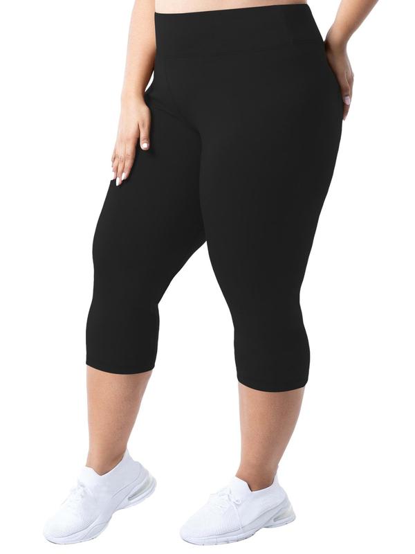 Plus Size Solid High Waist Capris Sports Leggings, Breathable Skinny Pants for Yoga Gym Workout, Women's Sport & Outdoor Clothing for Summer