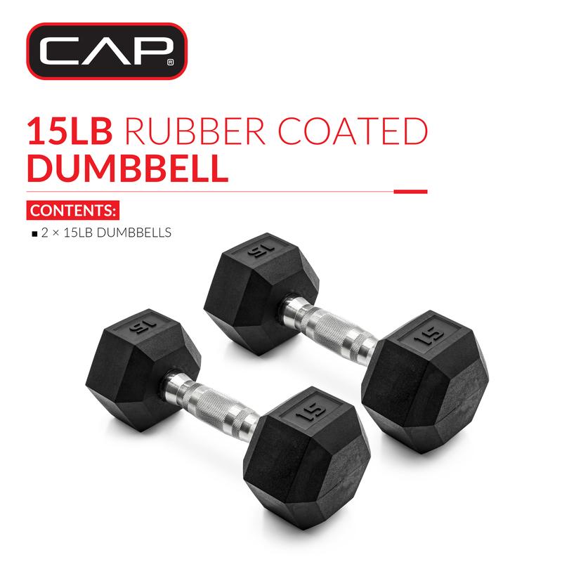 CAP Barbell, 15lb Coated Rubber Hex Dumbbell, Pair