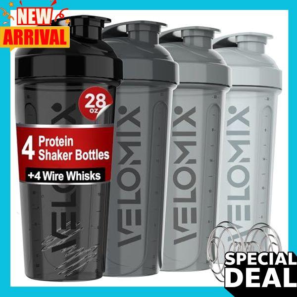 -4 PACK- 28 oz Protein Shaker Bottle for Protein Mixes - 4x Wire Whisk | Leak Proof Shaker Cups for Protein Shakes | Protein Shaker Bottle Pack | Protein Shake Cup