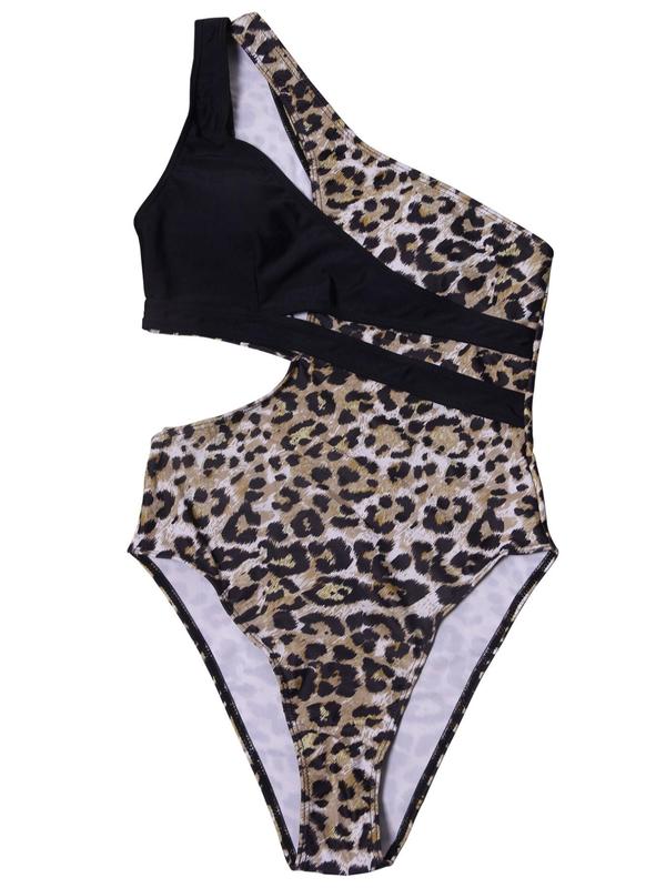 Women's Leopard Patchwork Print Cut Out Swimsuit, Casual One Shoulder One-Piece Swimwear, Ladies Summer Swimsuit for Beach Holiday