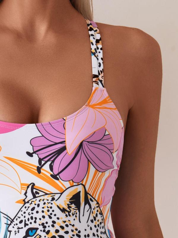 Women's Floral Print Criss Cross Tie Back One-piece Swimsuit, Casual Sleeveless Spaghetti Strap Swimwear, Ladies Summer Swimsuit for Beach Holiday Vacation