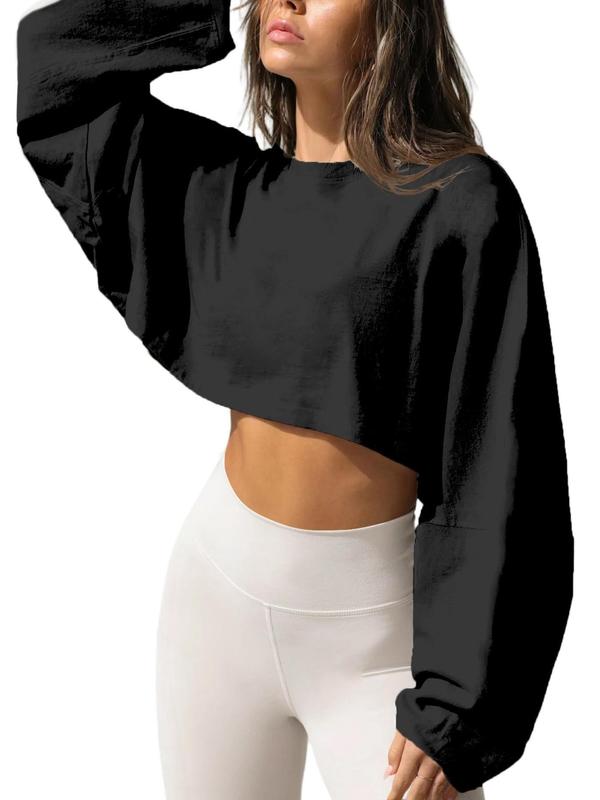 Women's Solid Batwing Sleeve Crop Sports Tee, Sporty Long Sleeve Round Neck Cropped Top for Spring & Fall, Ladies Sportswear for Daily Wear