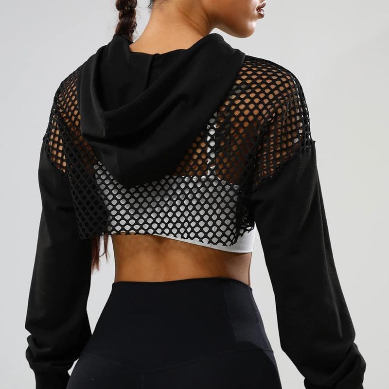 Sports Fishnet Long Sleeve Drawstring High Low Workout Hoodie Crop Tops