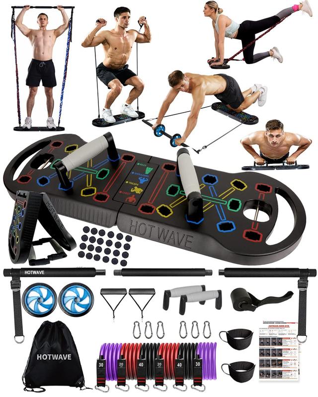 HOTWAVE Portable Exercise Equipment with 16 Gym Accessories.20 in 1 Push Up Board Fitness,Resistance Bands with Ab Roller Wheel,Full Body Workout at Home,Patent Pending