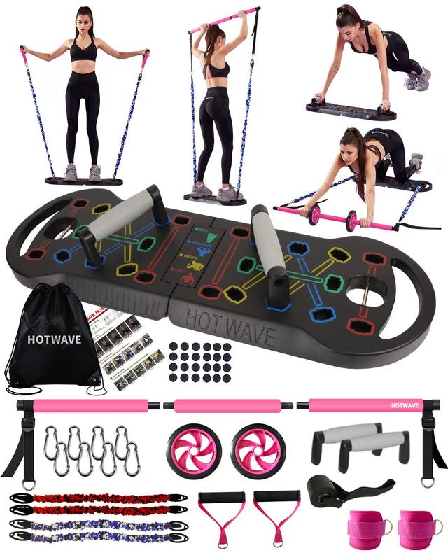 HOTWAVE Portable Exercise Equipment with 16 Gym Accessories.20 in 1 Push Up Board Fitness,Resistance Bands with Ab Roller Wheel,Full Body Workout at Home,Patent Pending