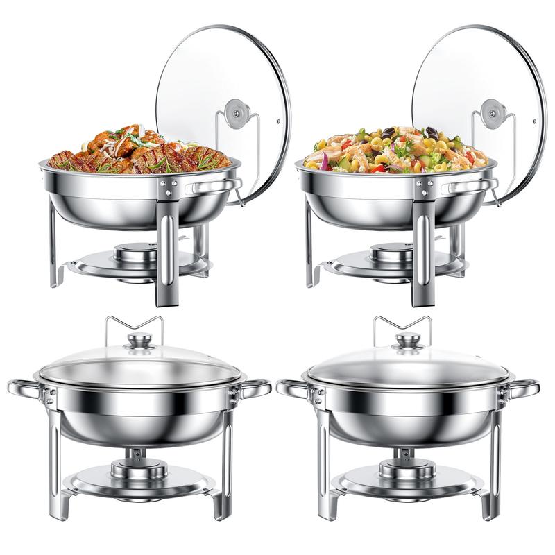 4-Pack 5QT Stainless Steel Chafing Dish Buffet Set with Glass Lids and Lid Holders - Buffet Warmers for Events, Weddings, Camping, and Dinners