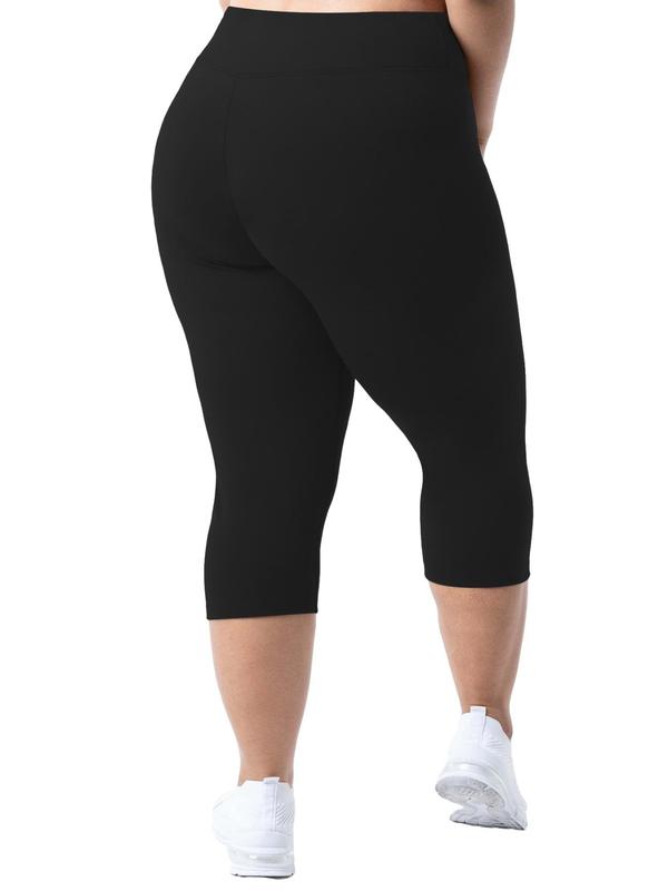 Plus Size Solid High Waist Capris Sports Leggings, Breathable Skinny Pants for Yoga Gym Workout, Women's Sport & Outdoor Clothing for Summer