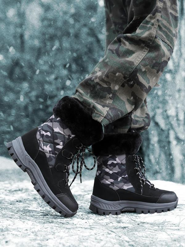 Women's Camo Patchwork Print Letter Patched Lace Up Hiking Shoes, Sporty Comfortable Warm Non-slip Snow Boots for Winter, Outdoor Sports Footwear for Women