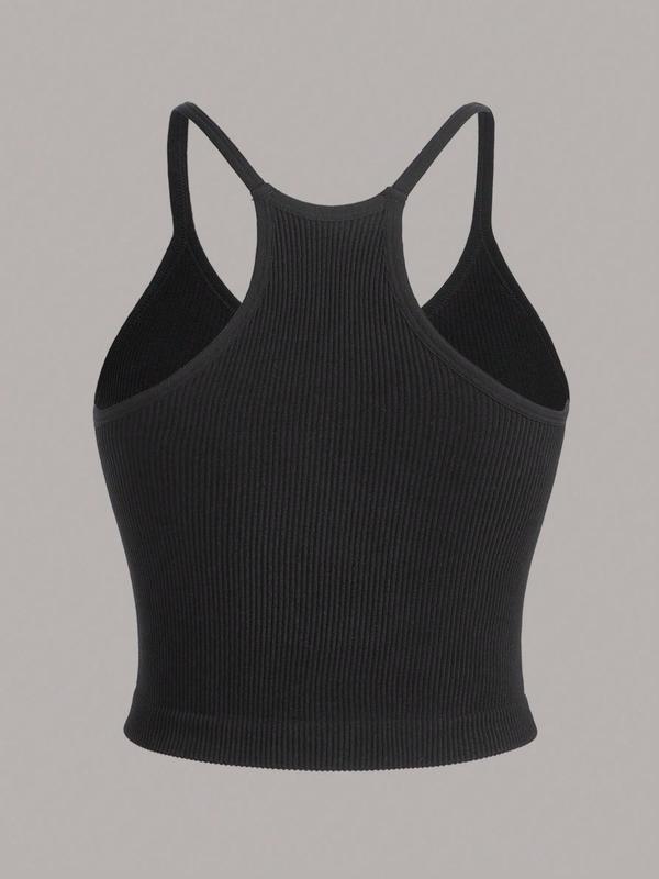 Sporty Women's Solid Color Ribbed Crop Sports Vest, Sport Breathable Comfortable Crop Cami Top for Yoga Gym Workout, Ladies Sportswear for All Seasons