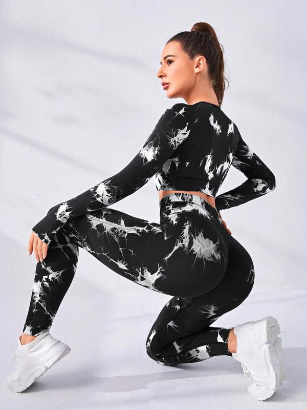 Two-Piece Set Women's Tie Dye Print Tight-fitting Tracksuit Set, Round Neck Raglan Sleeve Tee & High Waist Leggings, Ladies Sportswear for Indoor Outdoor Wear