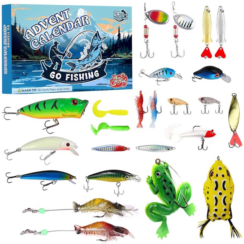 Fishing Lures 24 PCS Advent Calendar Fishing Christmas Countdown - 24 Days Fishing Lures Set for Fisher Adult Men Teen Boys - 2024 Xmas Surprise Gift