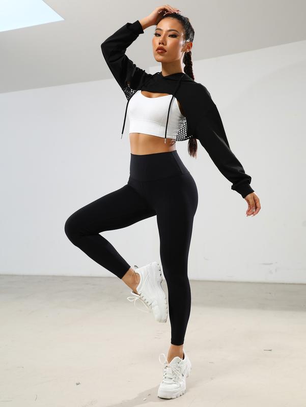 Sports Fishnet Long Sleeve Drawstring High Low Workout Hoodie Crop Tops